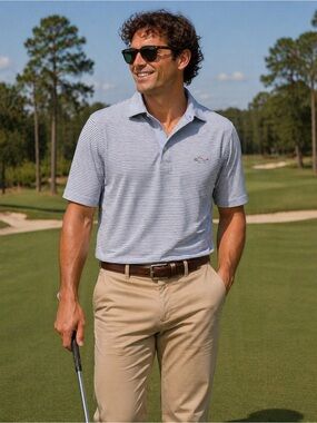 Greg Norman Collection Light Blue & White Striped Polo